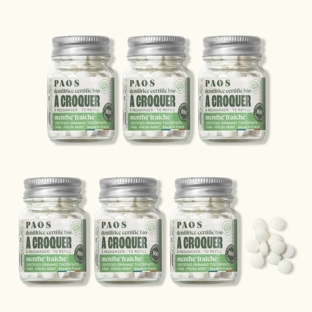 PAOS - Kit de 6 dentifrices à croquer BIO - menthe fraîche - travel - 180g