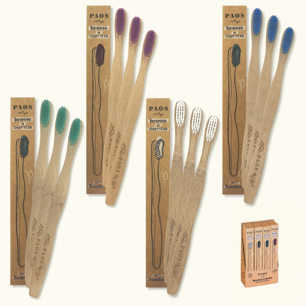 PAOS - Brosses à dents en bambou (3x4 couleurs)