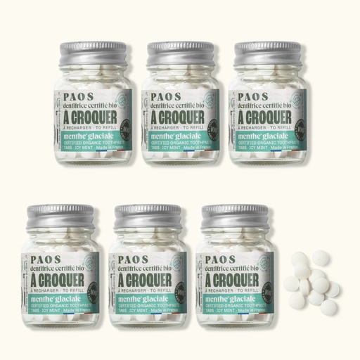 [4PS00037] PAOS - Kit de 6 dentifrices  à croquer BIO - menthe glaciale - travel - 180g